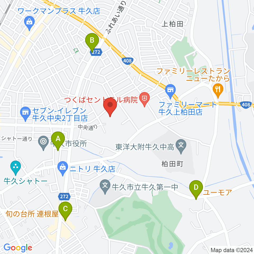 牛久市中央生涯学習センター周辺のカフェ一覧地図