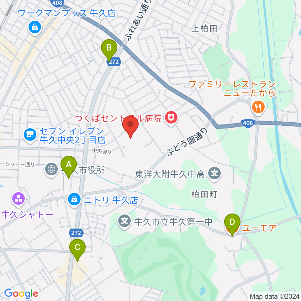 牛久市中央生涯学習センター周辺のカフェ一覧地図