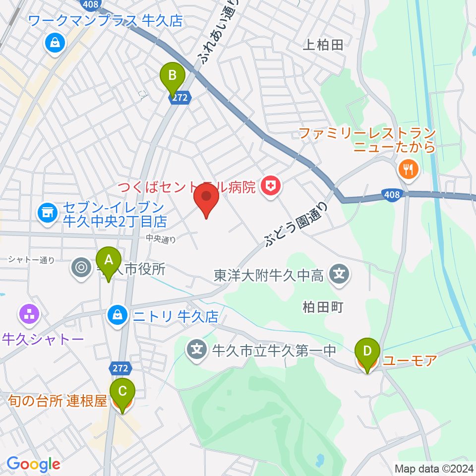 牛久市中央生涯学習センター周辺のカフェ一覧地図