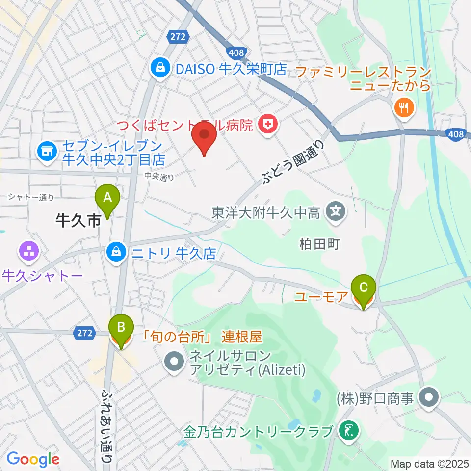 牛久市中央生涯学習センター周辺のカフェ一覧地図
