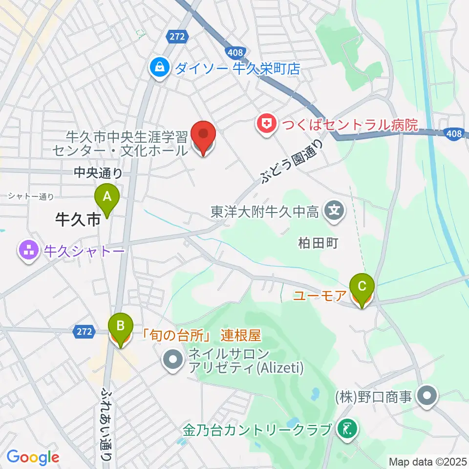 牛久市中央生涯学習センター周辺のカフェ一覧地図