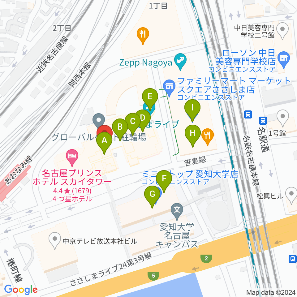 音楽天国 名古屋ささしまライブ店周辺のカフェ一覧地図