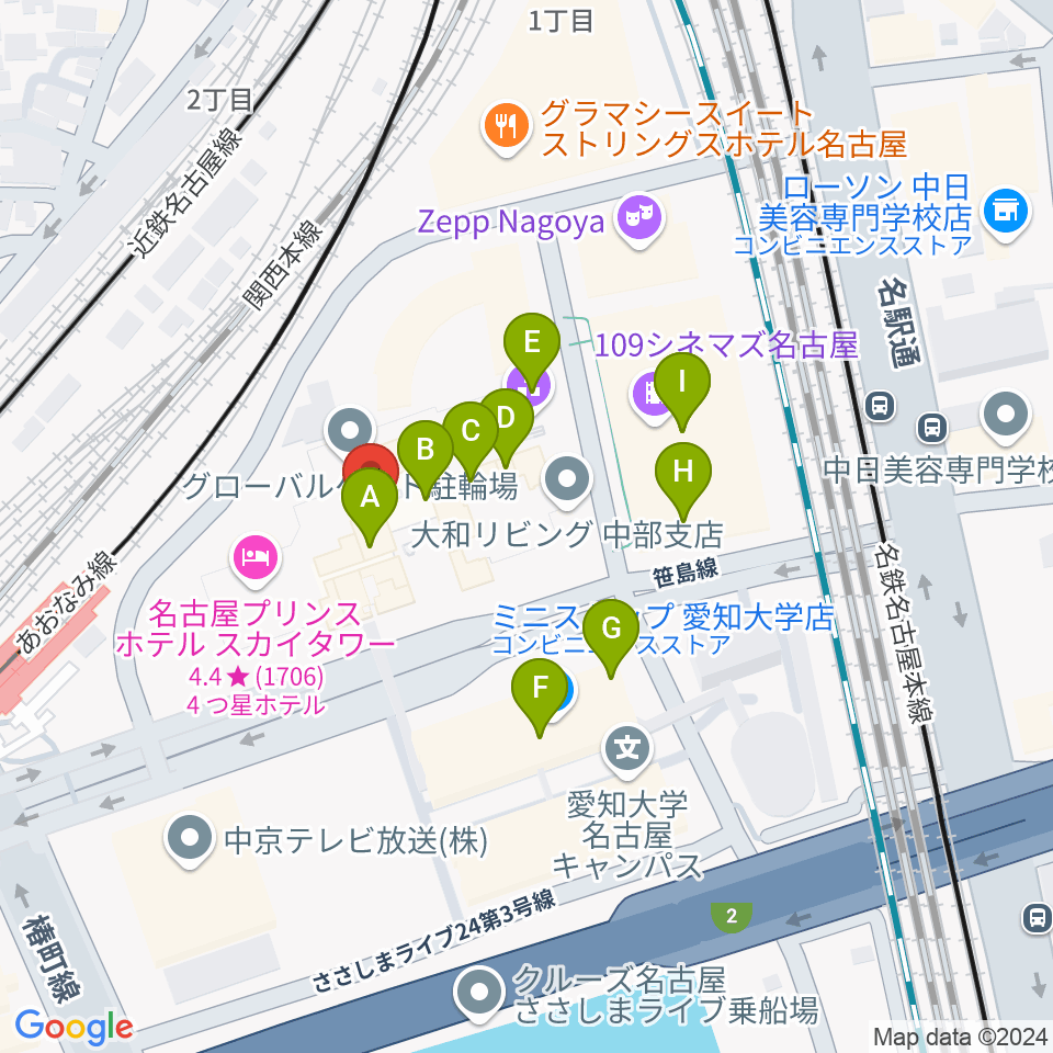 音楽天国 名古屋ささしまライブ店周辺のカフェ一覧地図