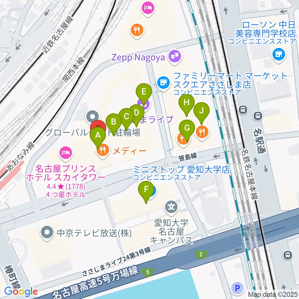 音楽天国 名古屋ささしまライブ店周辺のカフェ一覧地図