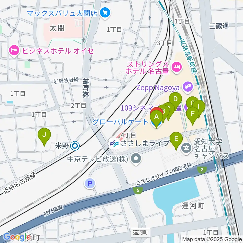 音楽天国 名古屋ささしまライブ店周辺のカフェ一覧地図
