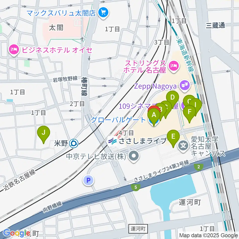 音楽天国 名古屋ささしまライブ店周辺のカフェ一覧地図