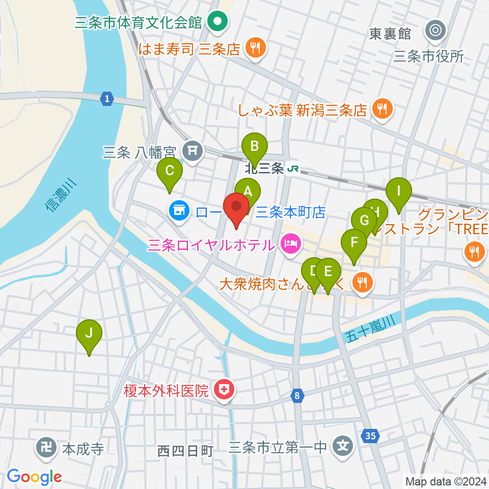 三条市中央公民館周辺のカフェ一覧地図