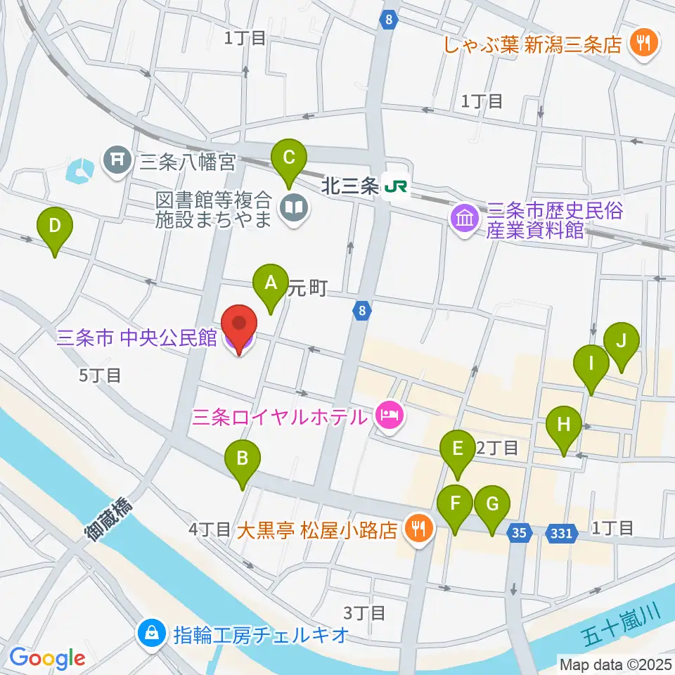 三条市中央公民館周辺のカフェ一覧地図