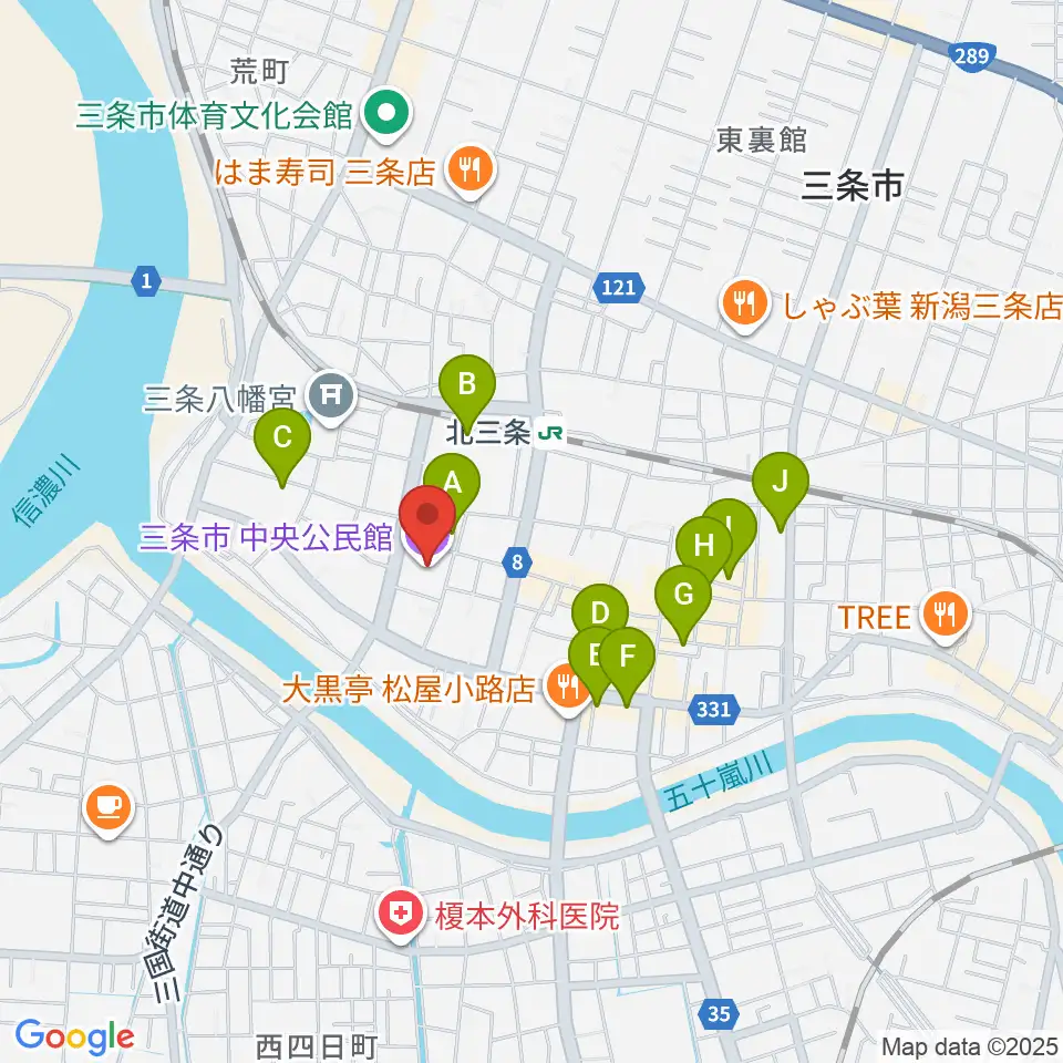 三条市中央公民館周辺のカフェ一覧地図