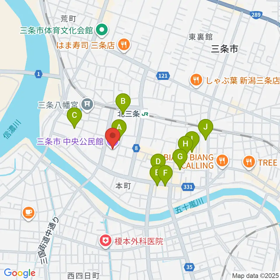 三条市中央公民館周辺のカフェ一覧地図