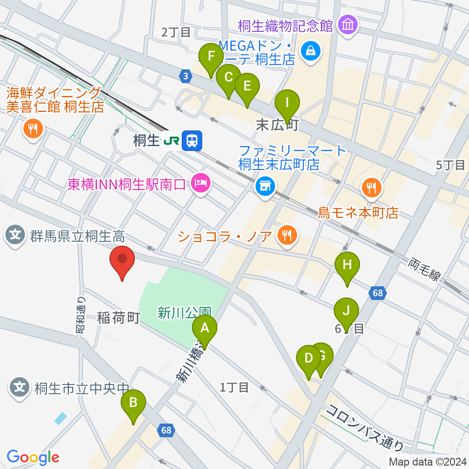 桐生市立中央公民館周辺のカフェ一覧地図