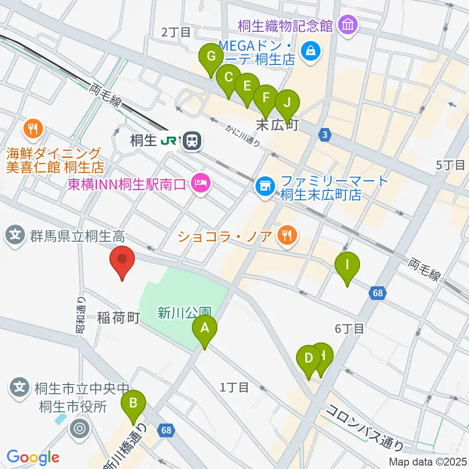 桐生市立中央公民館周辺のカフェ一覧地図