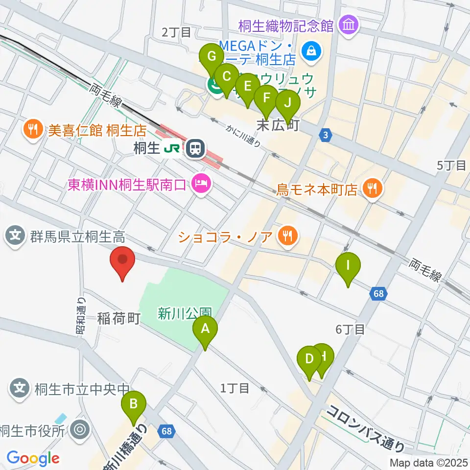 桐生市立中央公民館周辺のカフェ一覧地図
