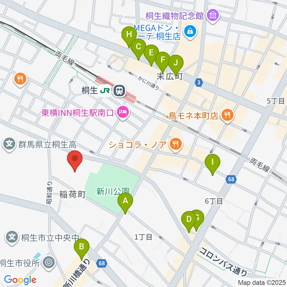 桐生市立中央公民館周辺のカフェ一覧地図