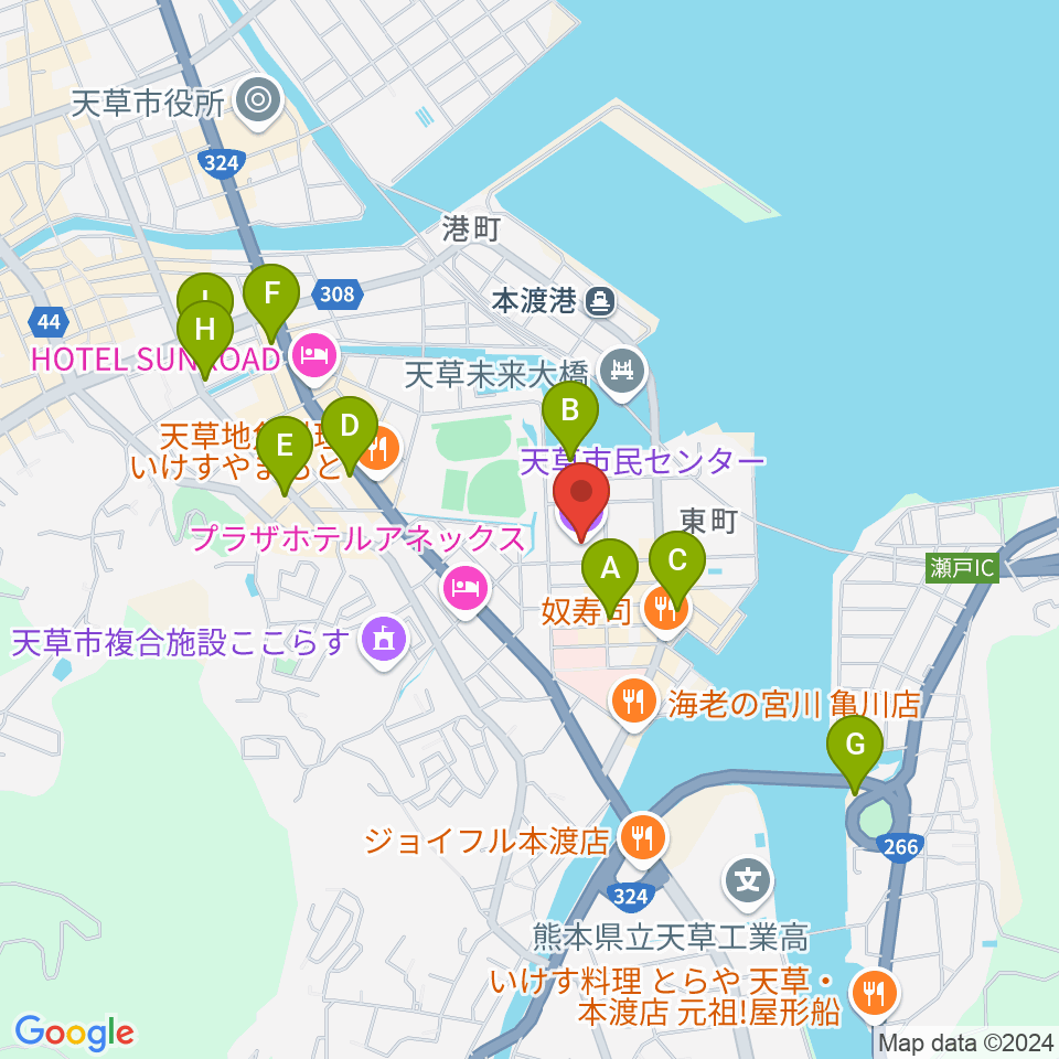 天草市民センター周辺のカフェ一覧地図