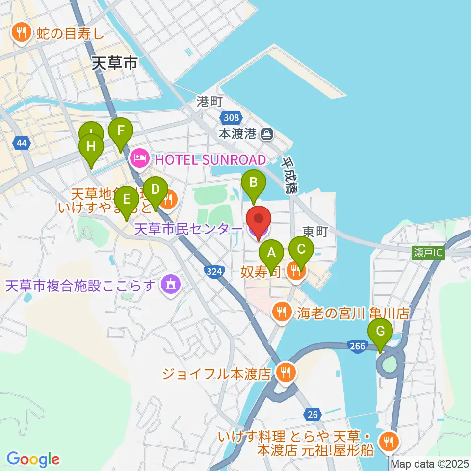 天草市民センター周辺のカフェ一覧地図