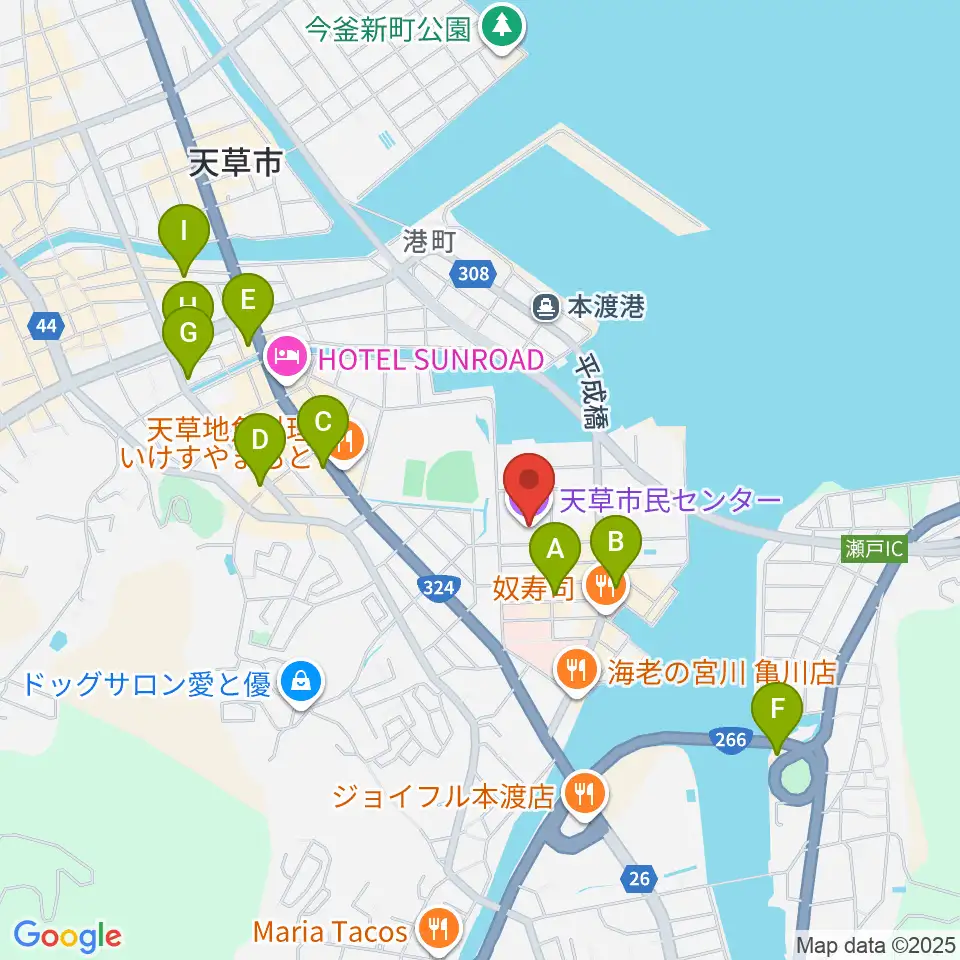 天草市民センター周辺のカフェ一覧地図