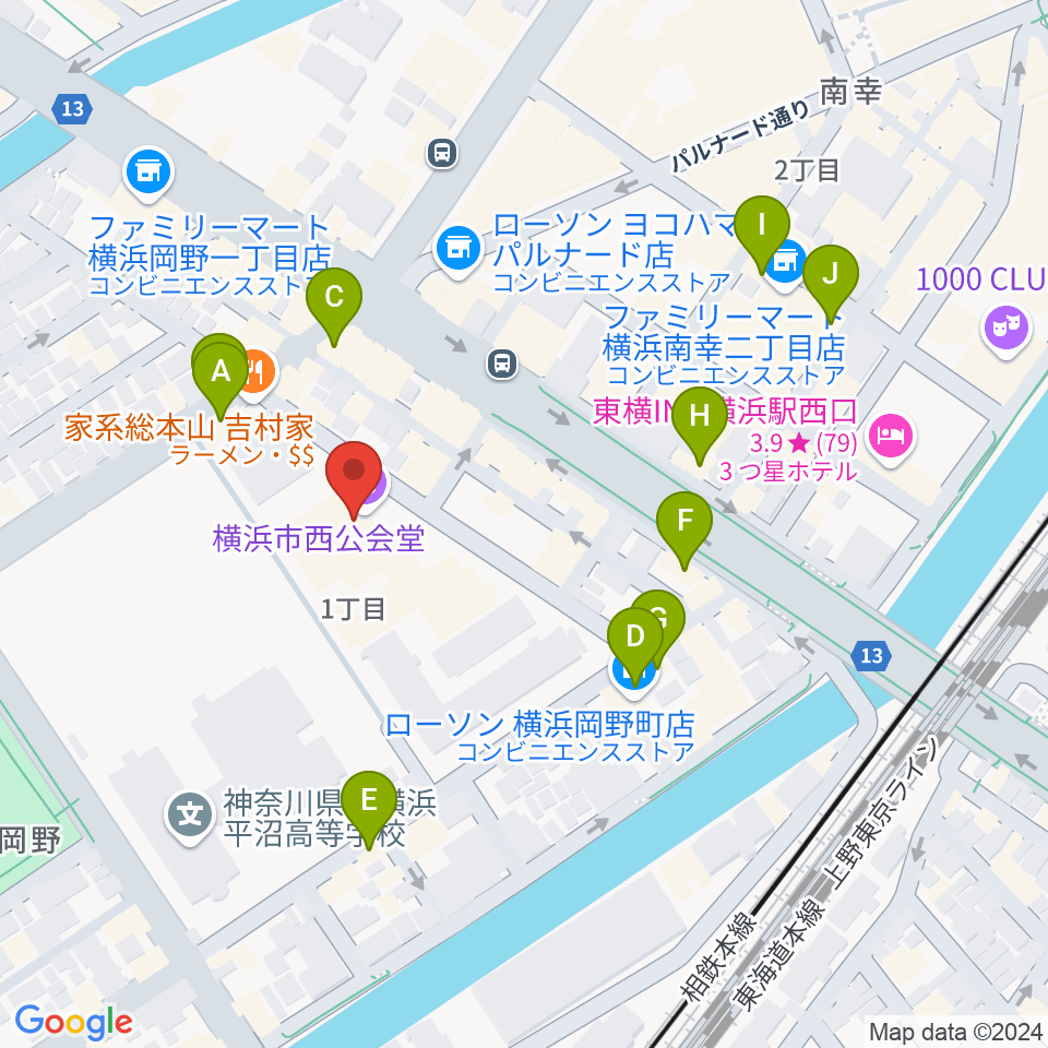 横浜市西公会堂周辺のカフェ一覧地図