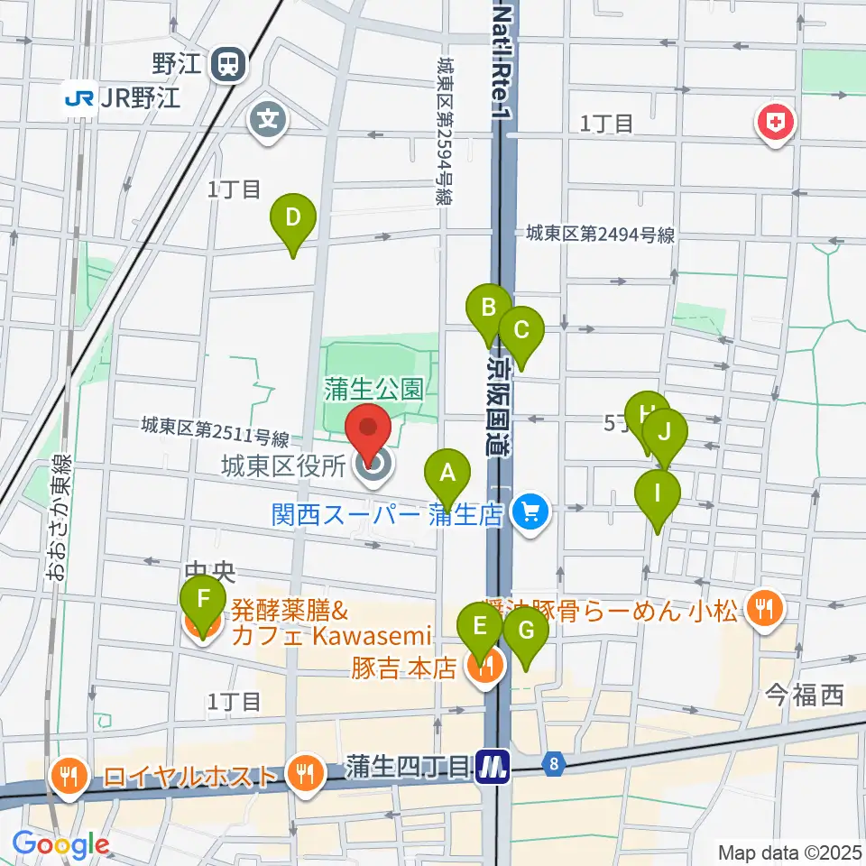 大阪市立城東区民センター周辺のカフェ一覧地図