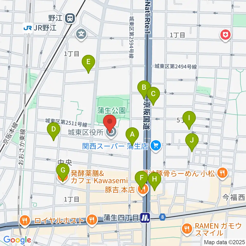 大阪市立城東区民センター周辺のカフェ一覧地図