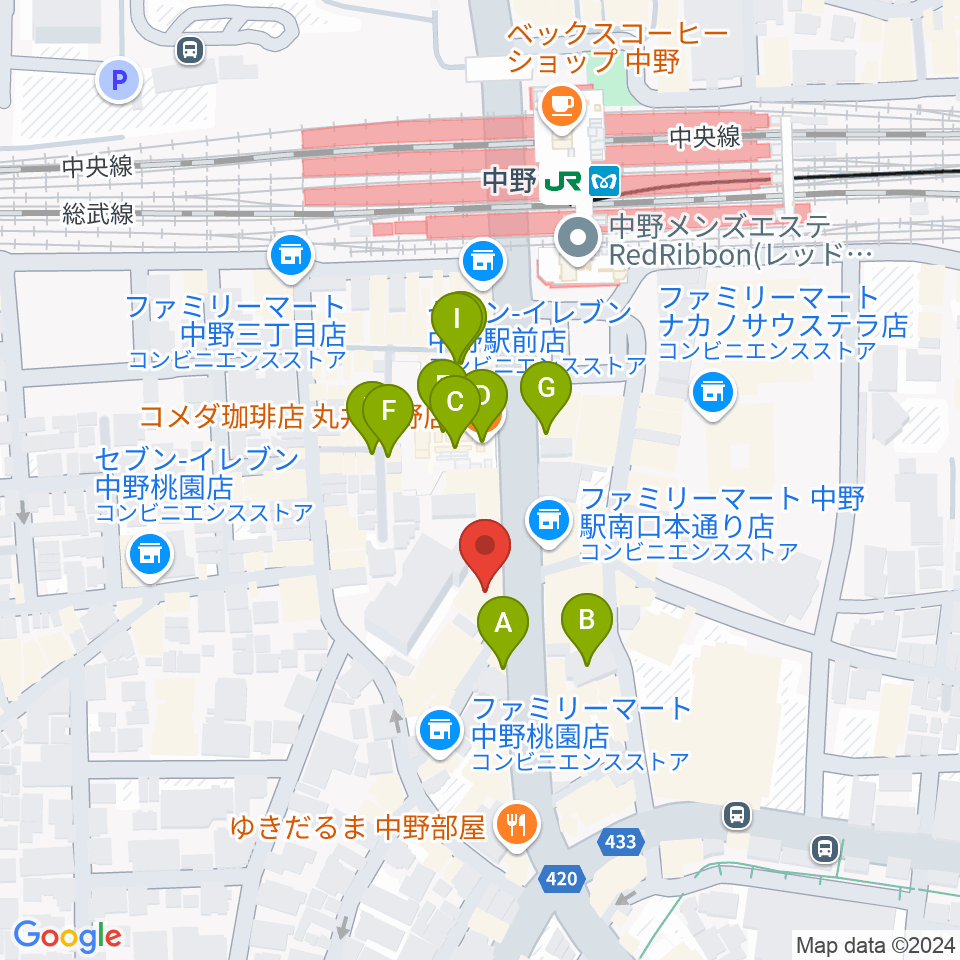 ミュージックセンター中野周辺のカフェ一覧地図