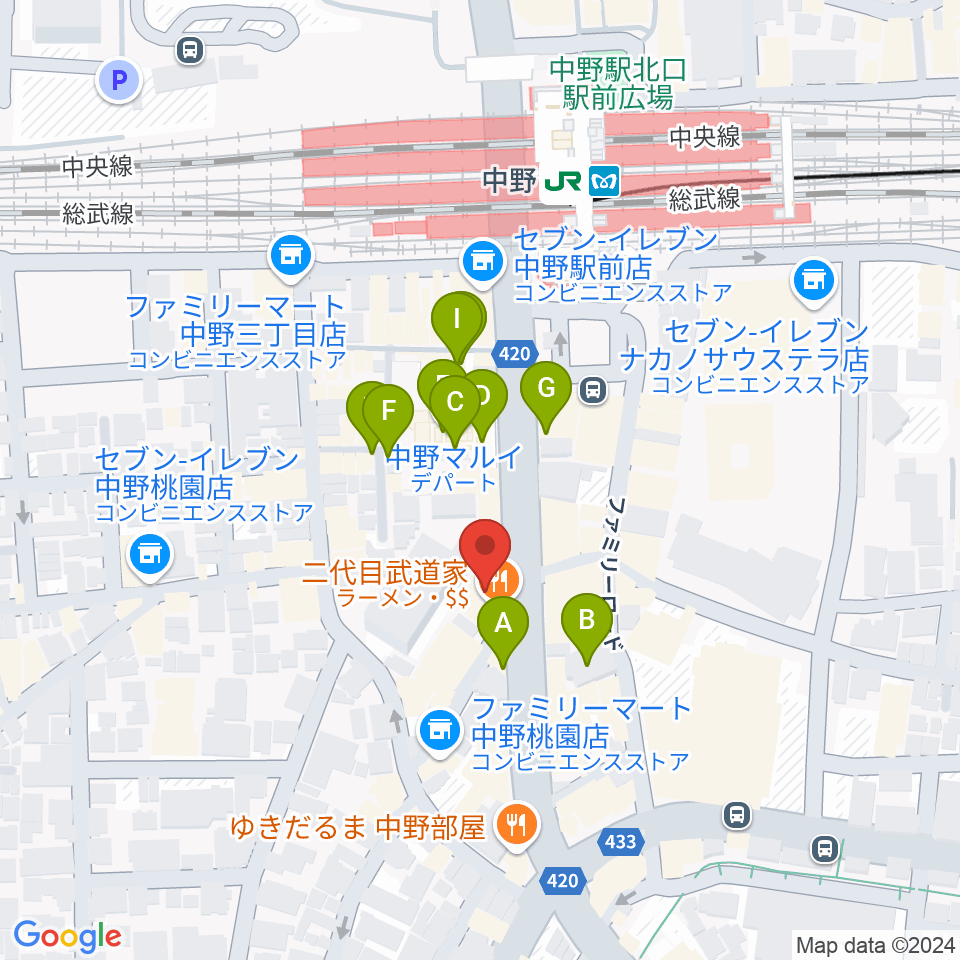 ミュージックセンター中野周辺のカフェ一覧地図