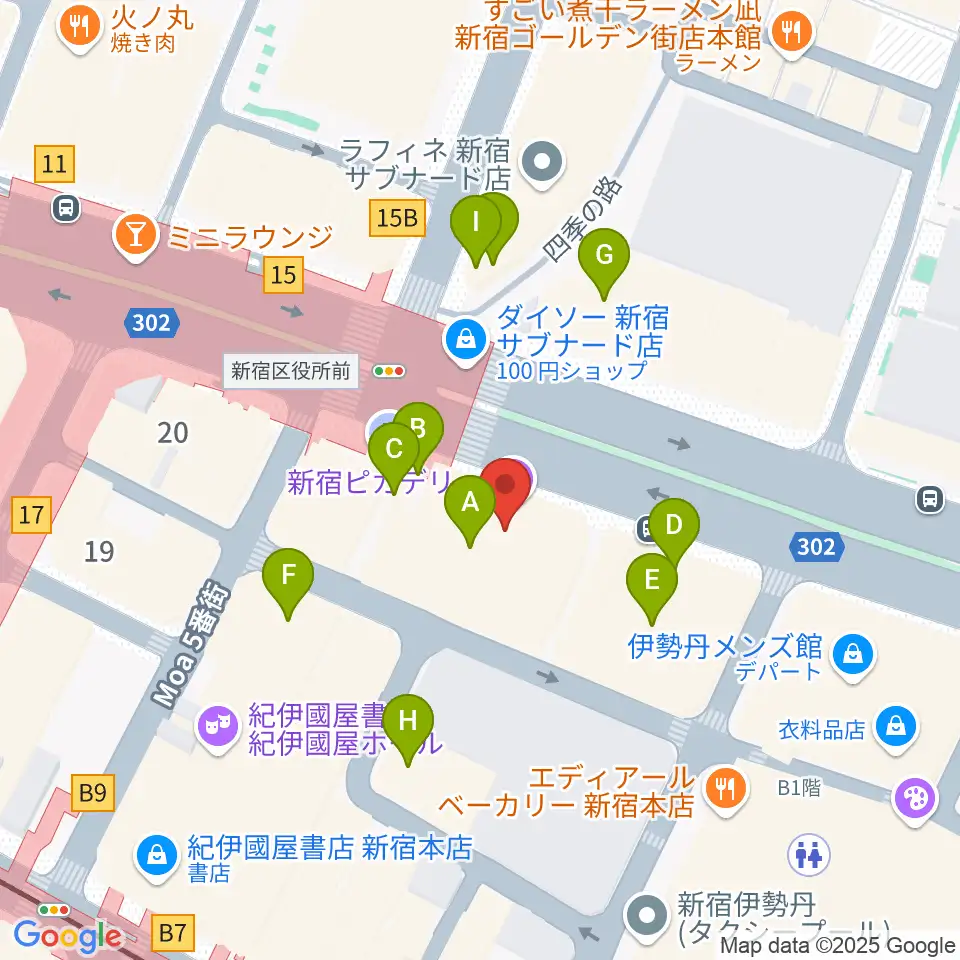 新宿ピカデリー周辺のカフェ一覧地図
