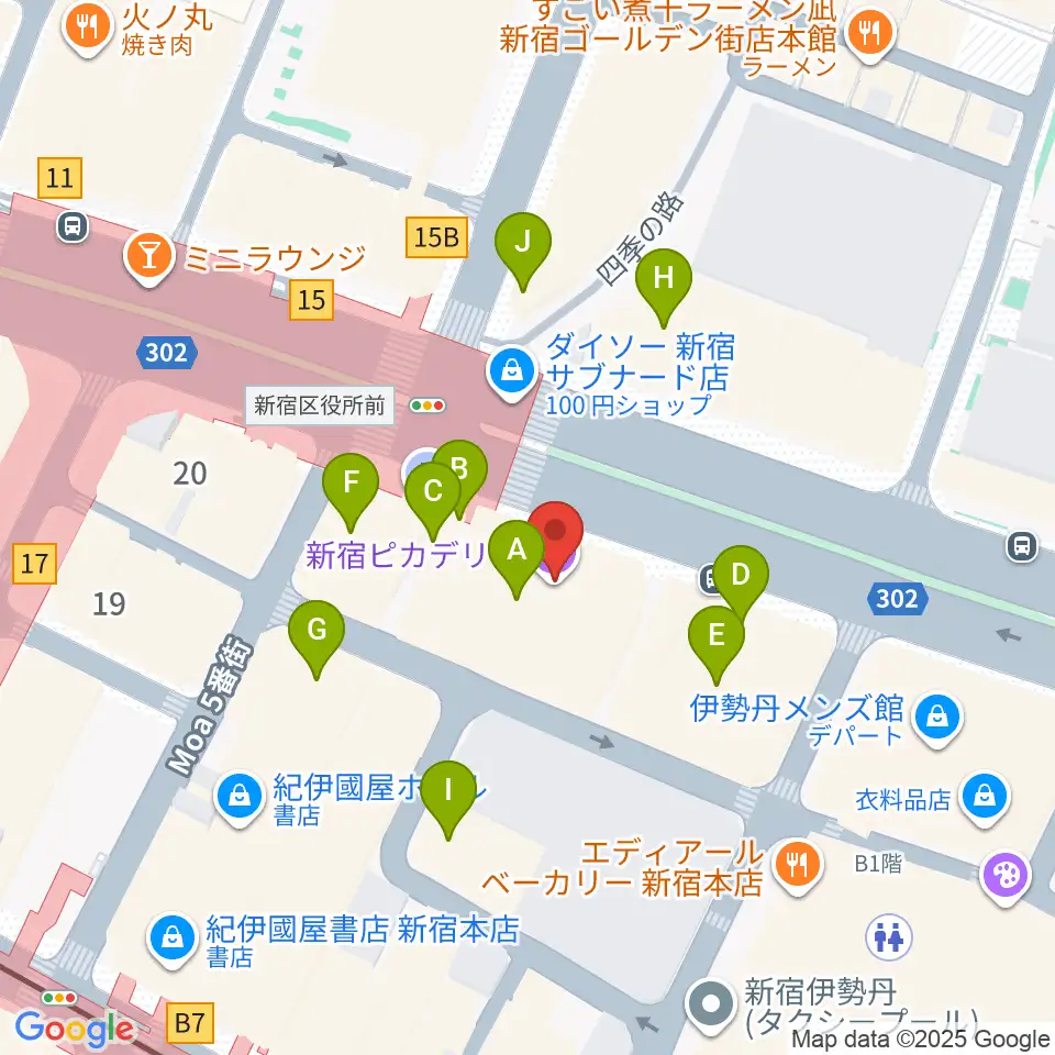新宿ピカデリー周辺のカフェ一覧地図