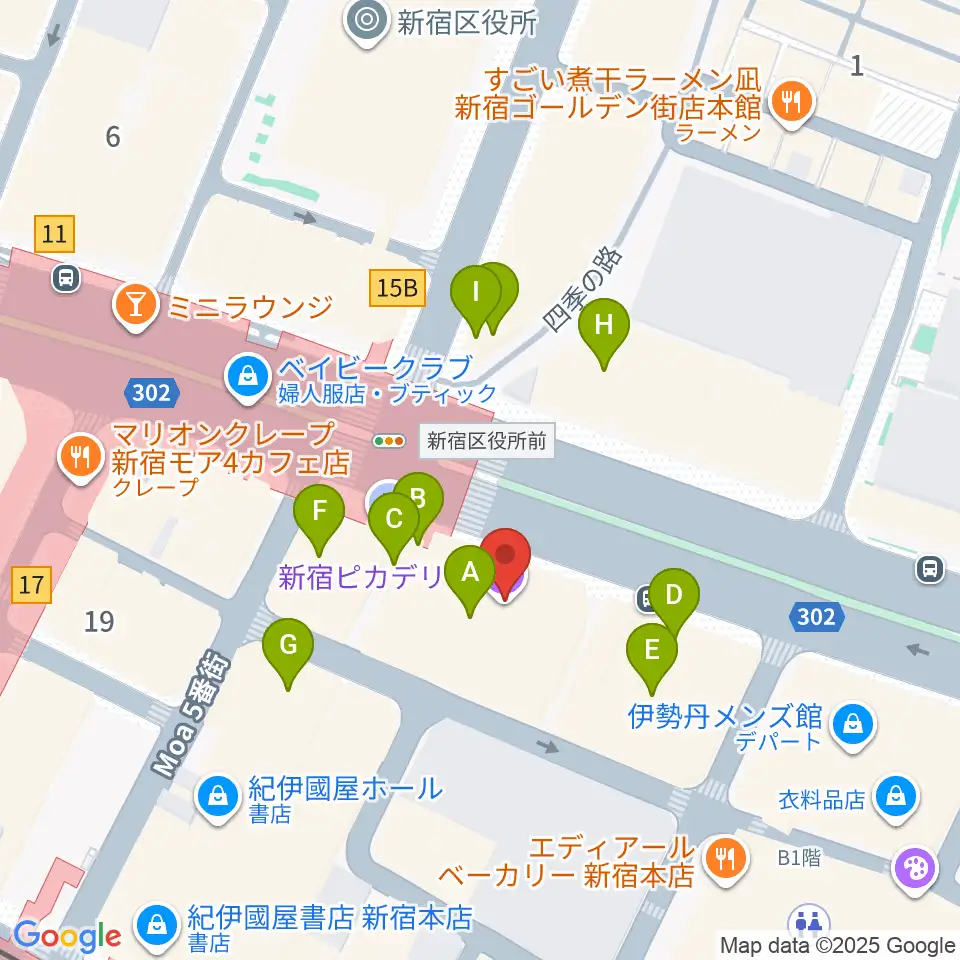 新宿ピカデリー周辺のカフェ一覧地図