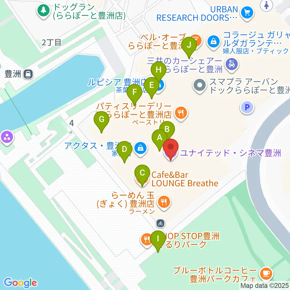 ユナイテッド・シネマ豊洲周辺のカフェ一覧地図