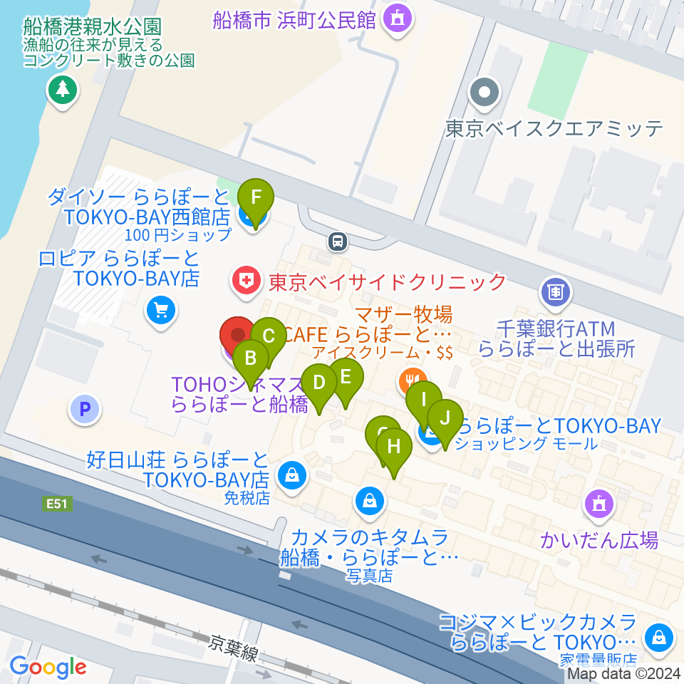 TOHOシネマズららぽーと船橋周辺のカフェ一覧地図