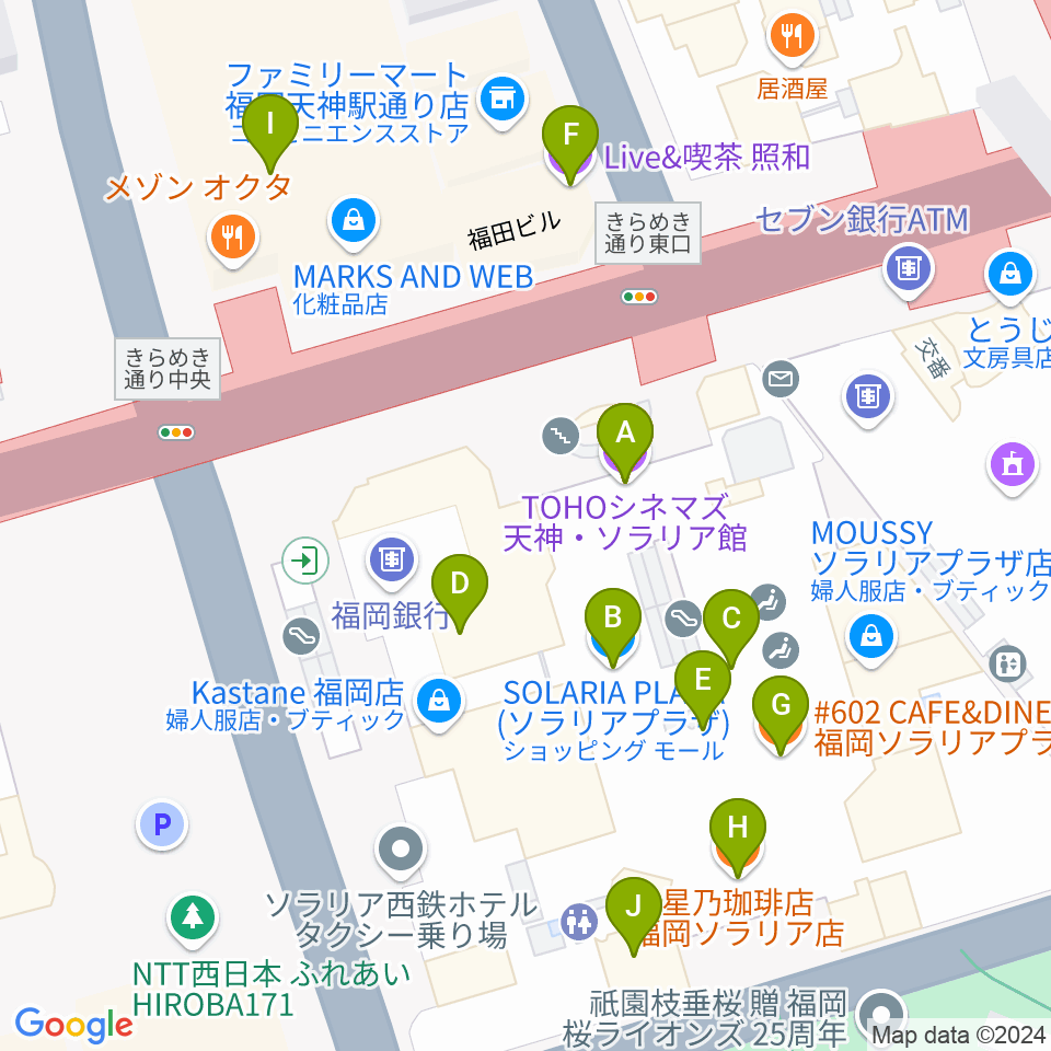 TOHOシネマズ天神・ソラリア館周辺のカフェ一覧地図