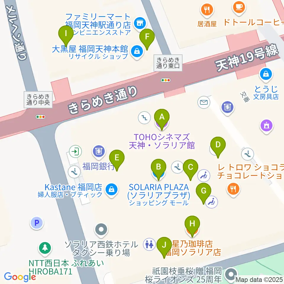 TOHOシネマズ天神・ソラリア館周辺のカフェ一覧地図