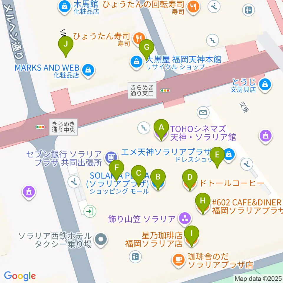 TOHOシネマズ天神・ソラリア館周辺のカフェ一覧地図