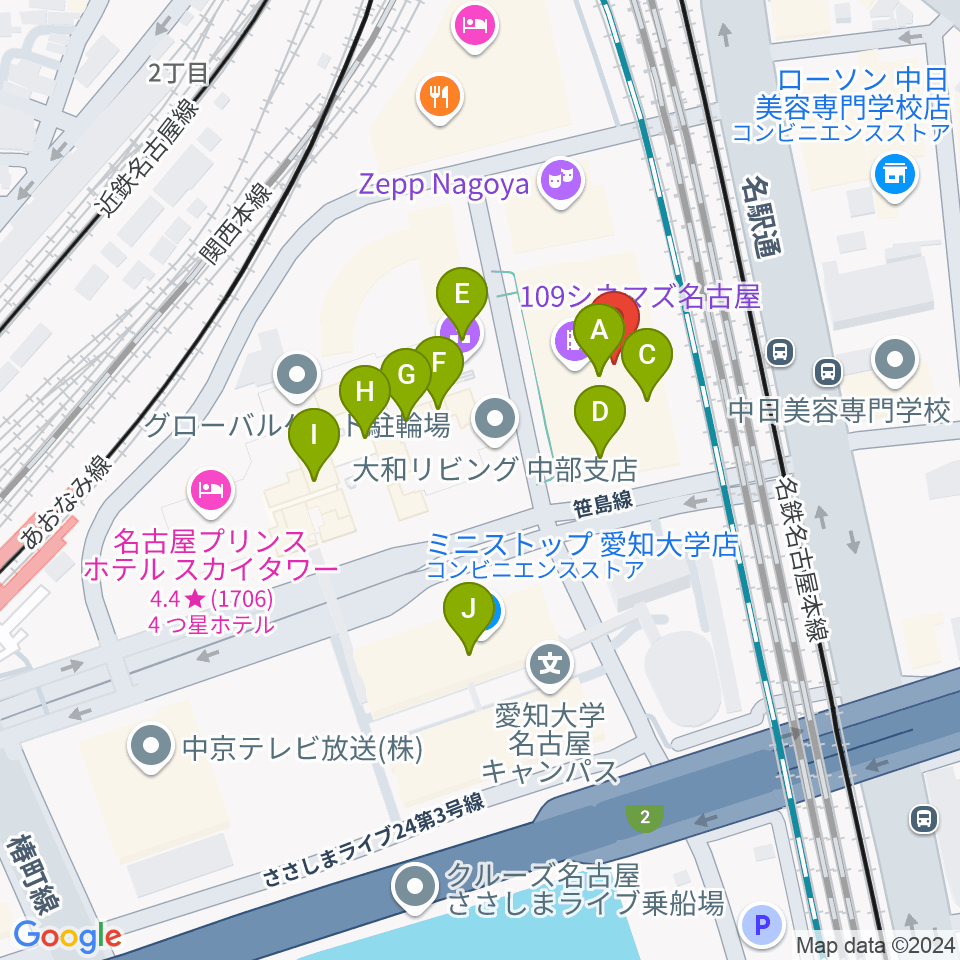 109シネマズ名古屋周辺のカフェ一覧地図