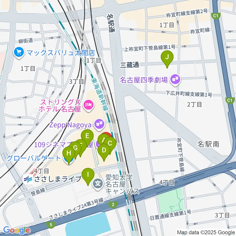 109シネマズ名古屋周辺のカフェ一覧地図