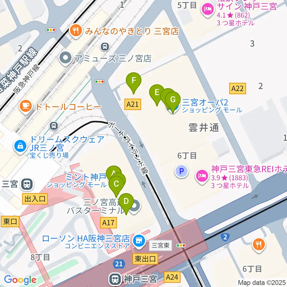 OSシネマズミント神戸周辺のカフェ一覧地図