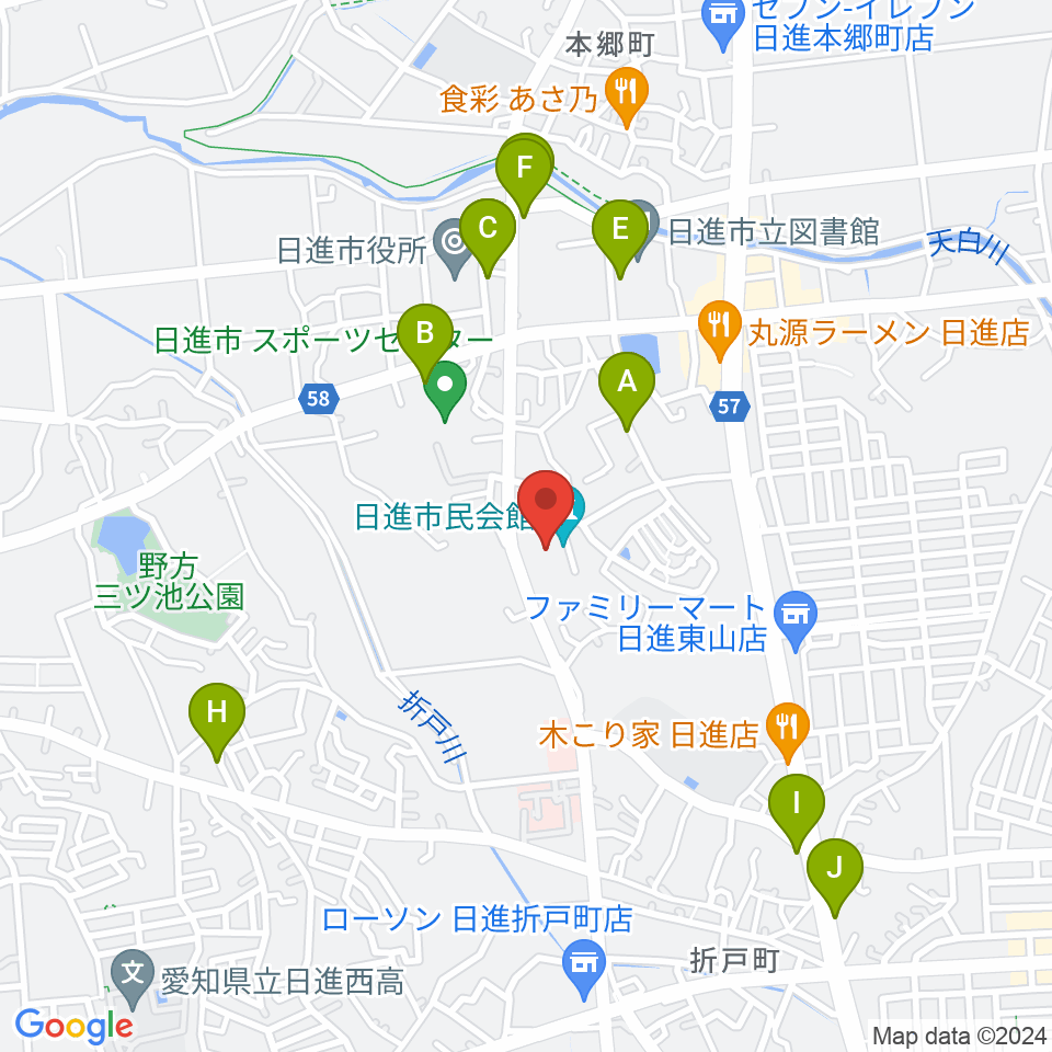 日進市民会館周辺のカフェ一覧地図