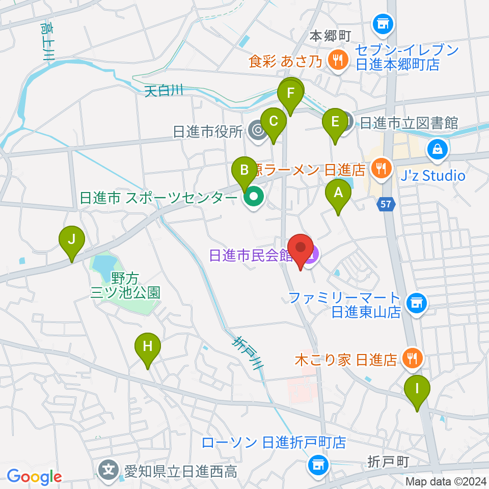 日進市民会館周辺のカフェ一覧地図