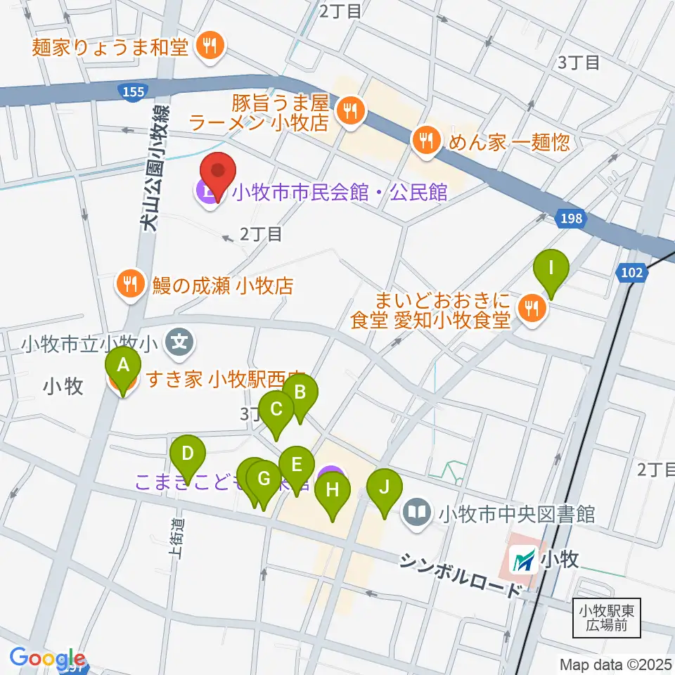 小牧市市民会館周辺のカフェ一覧地図