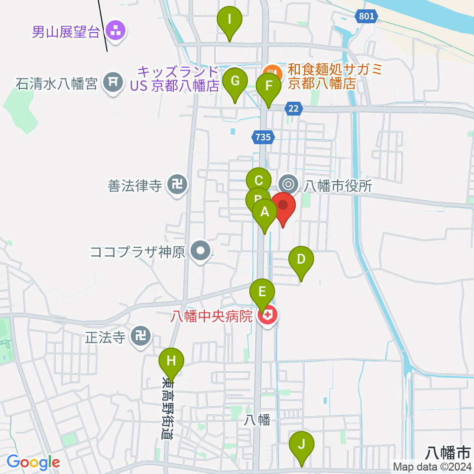 八幡市文化センター周辺のカフェ一覧地図