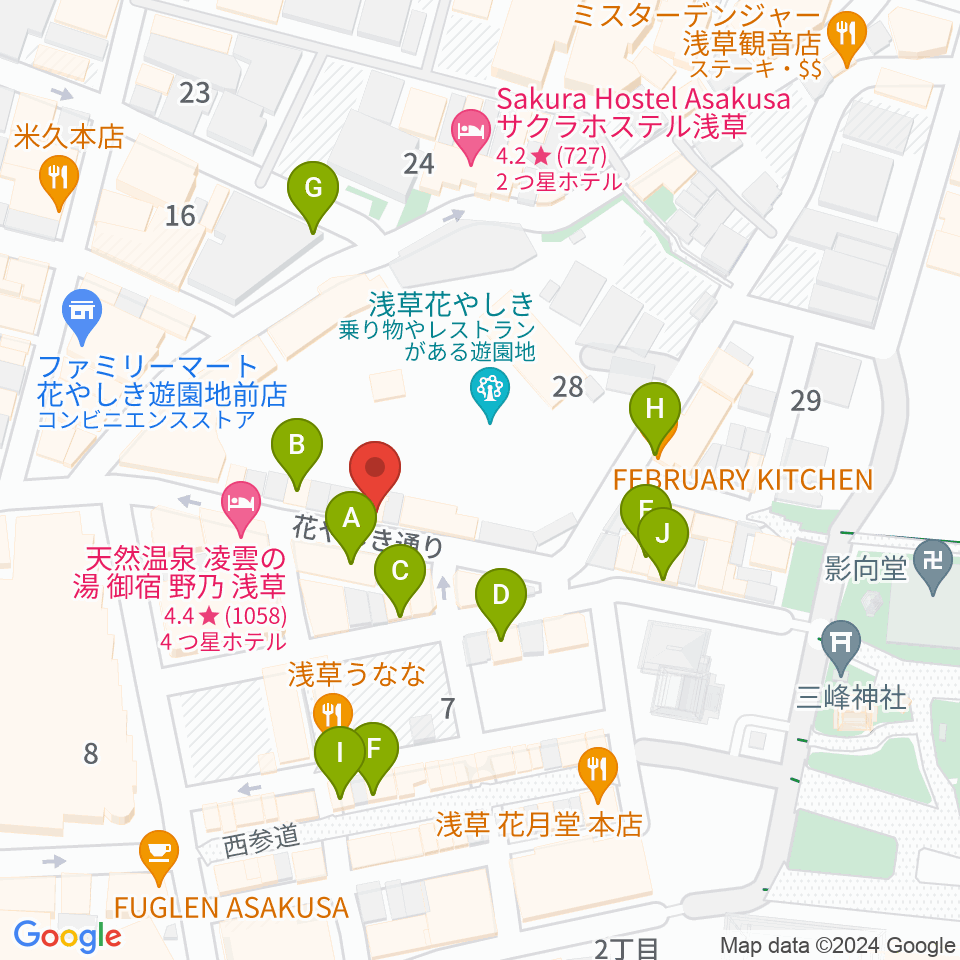 浅草花劇場周辺のカフェ一覧地図