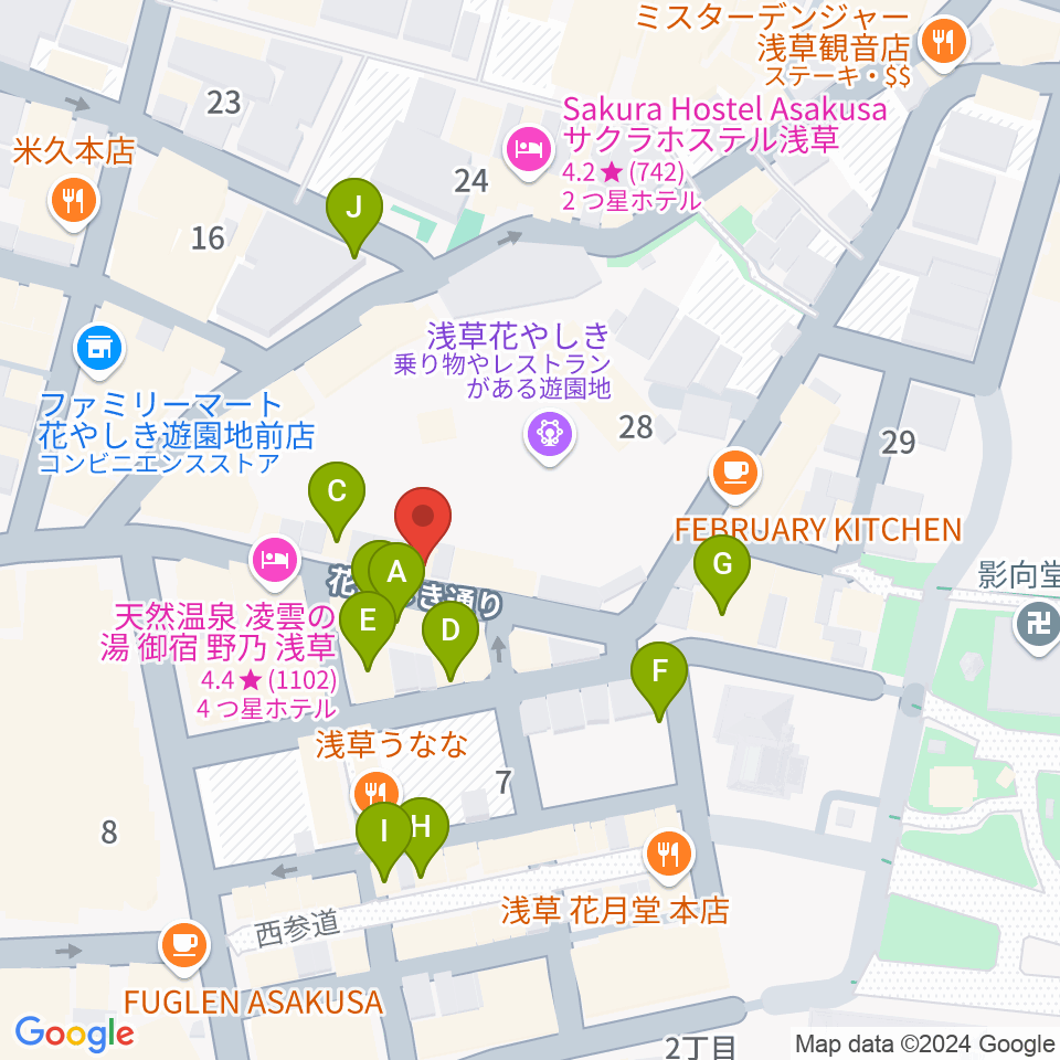 浅草花劇場周辺のカフェ一覧地図