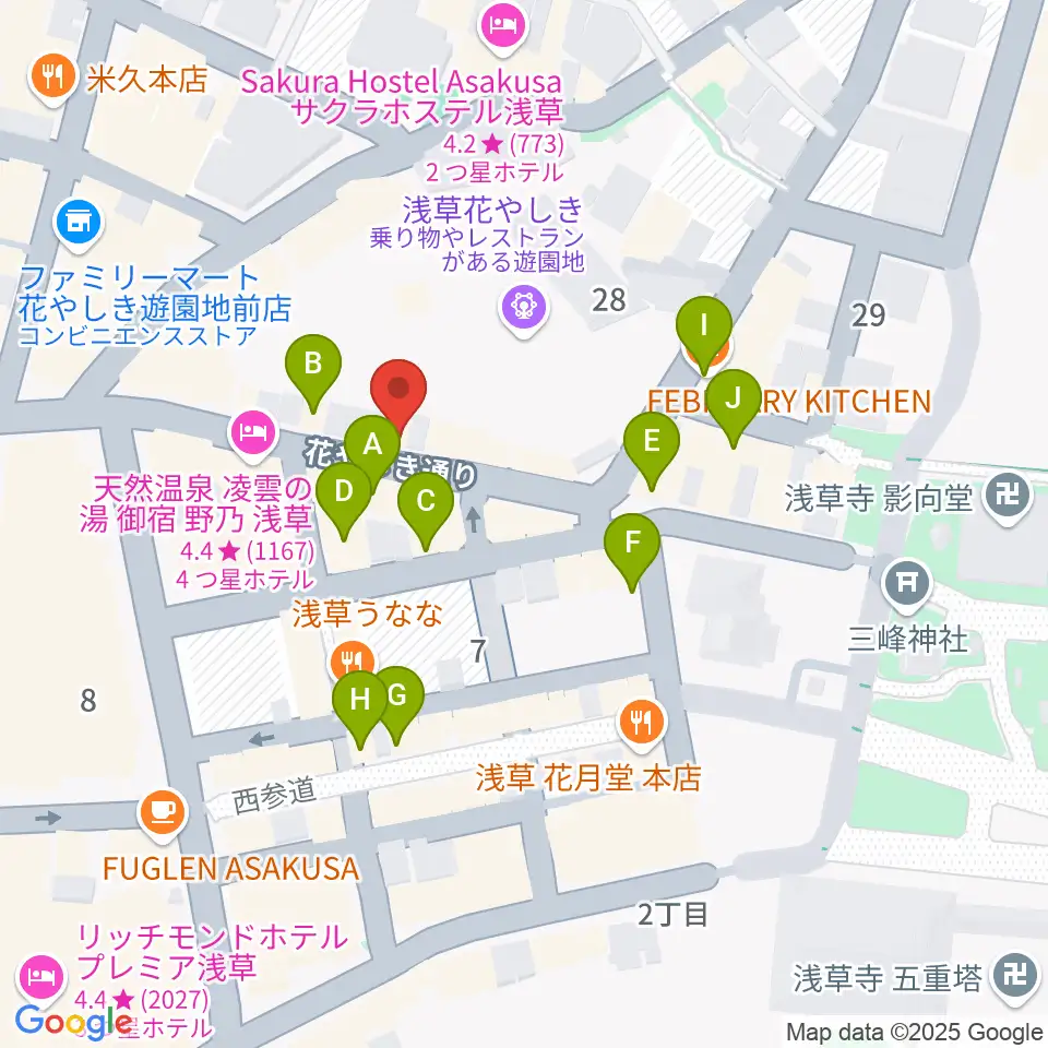 浅草花劇場周辺のカフェ一覧地図