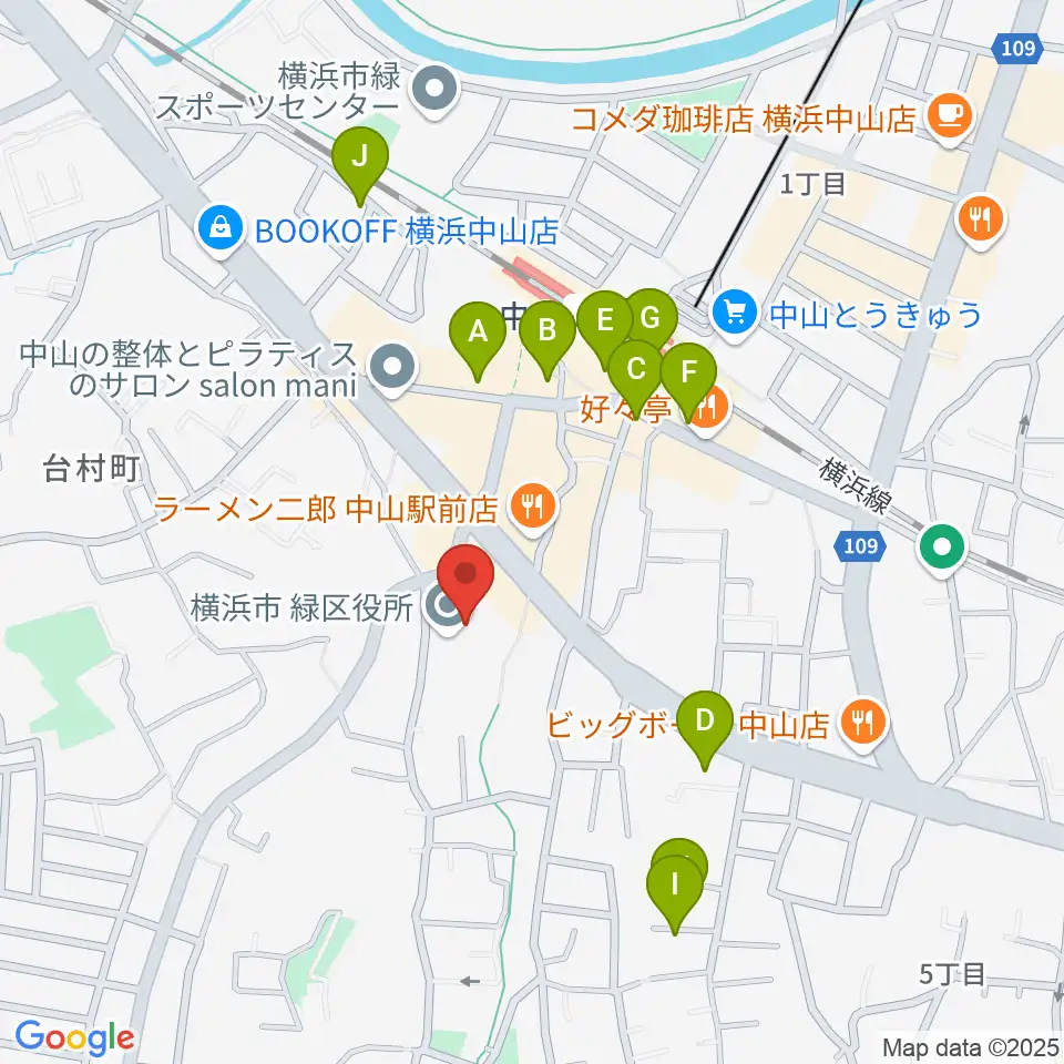 横浜市緑公会堂周辺のカフェ一覧地図