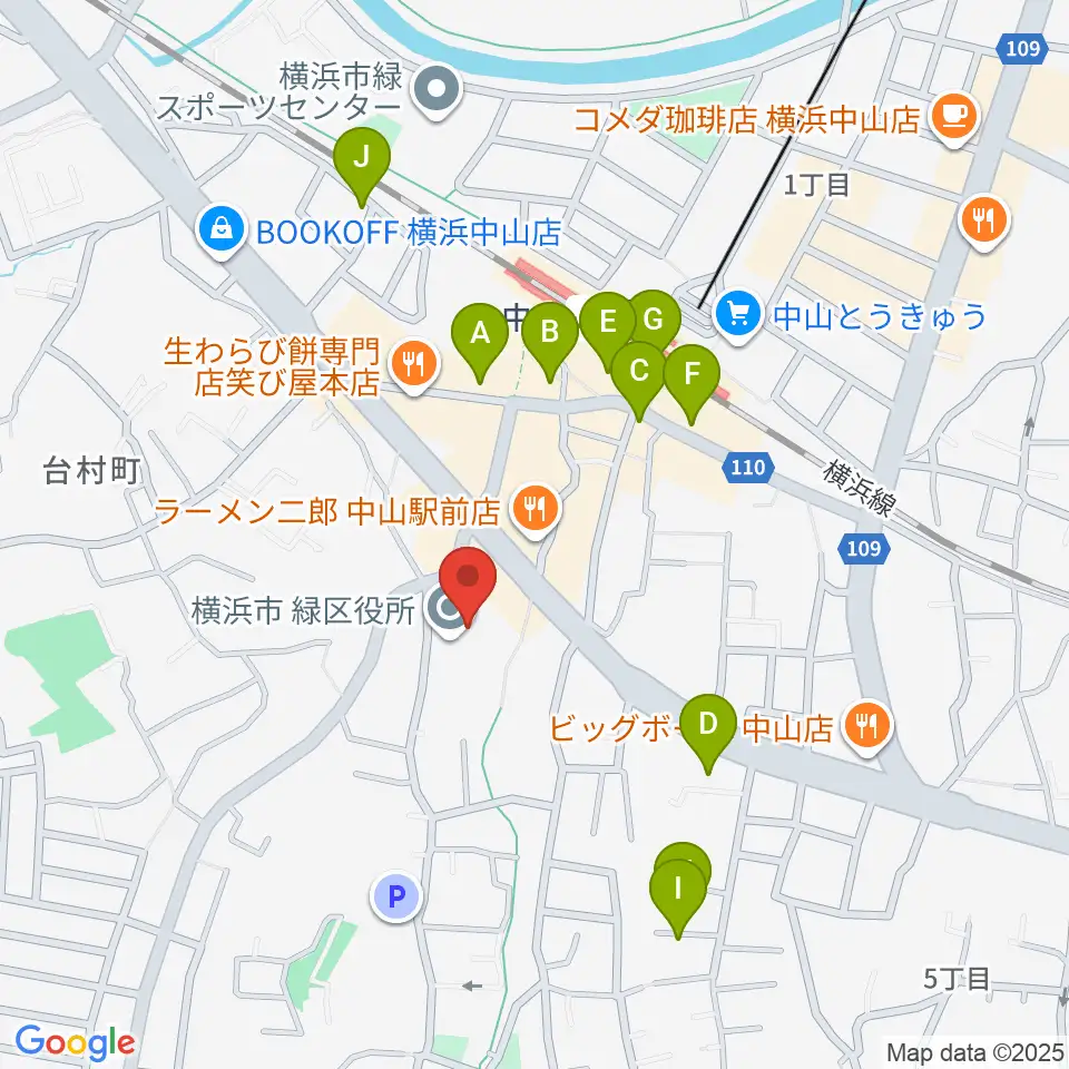 横浜市緑公会堂周辺のカフェ一覧地図