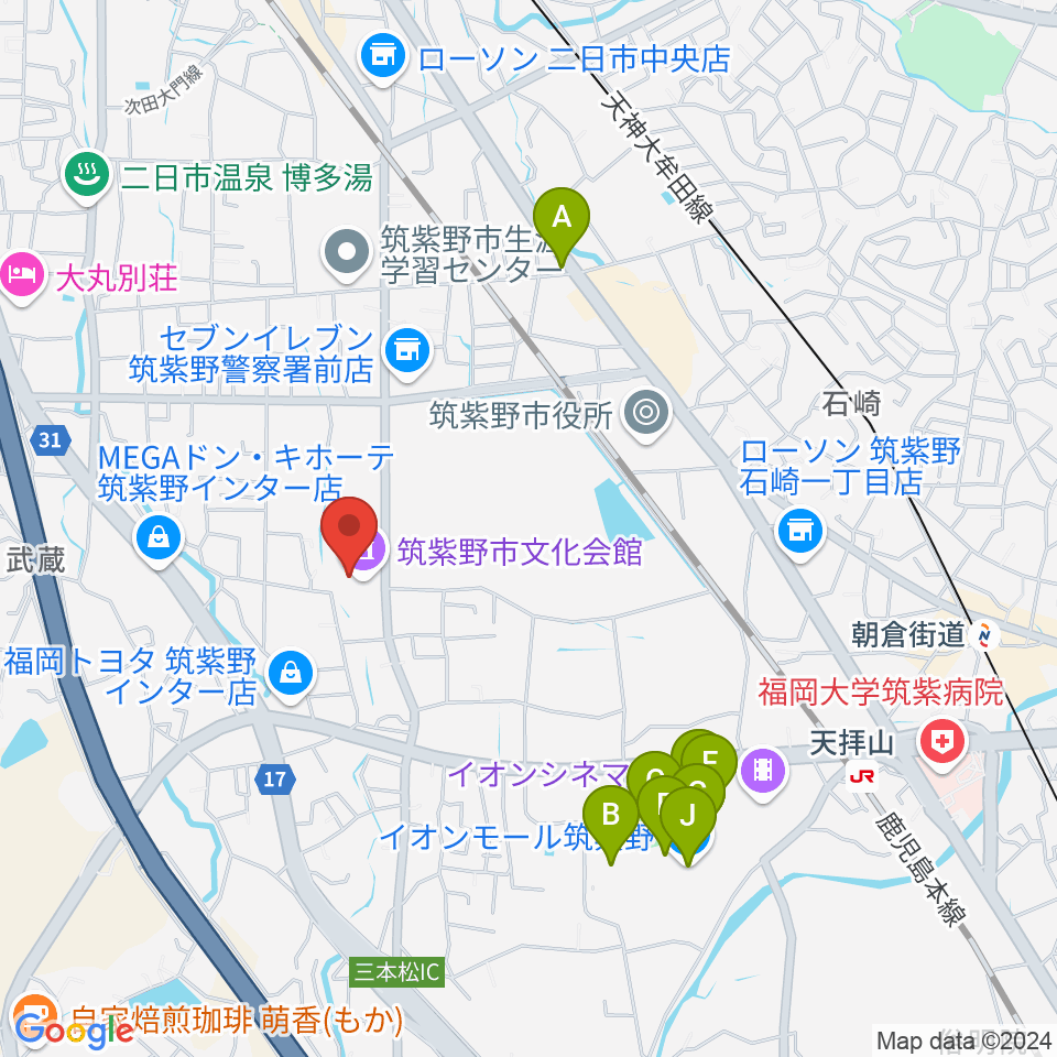 筑紫野市文化会館周辺のカフェ一覧地図