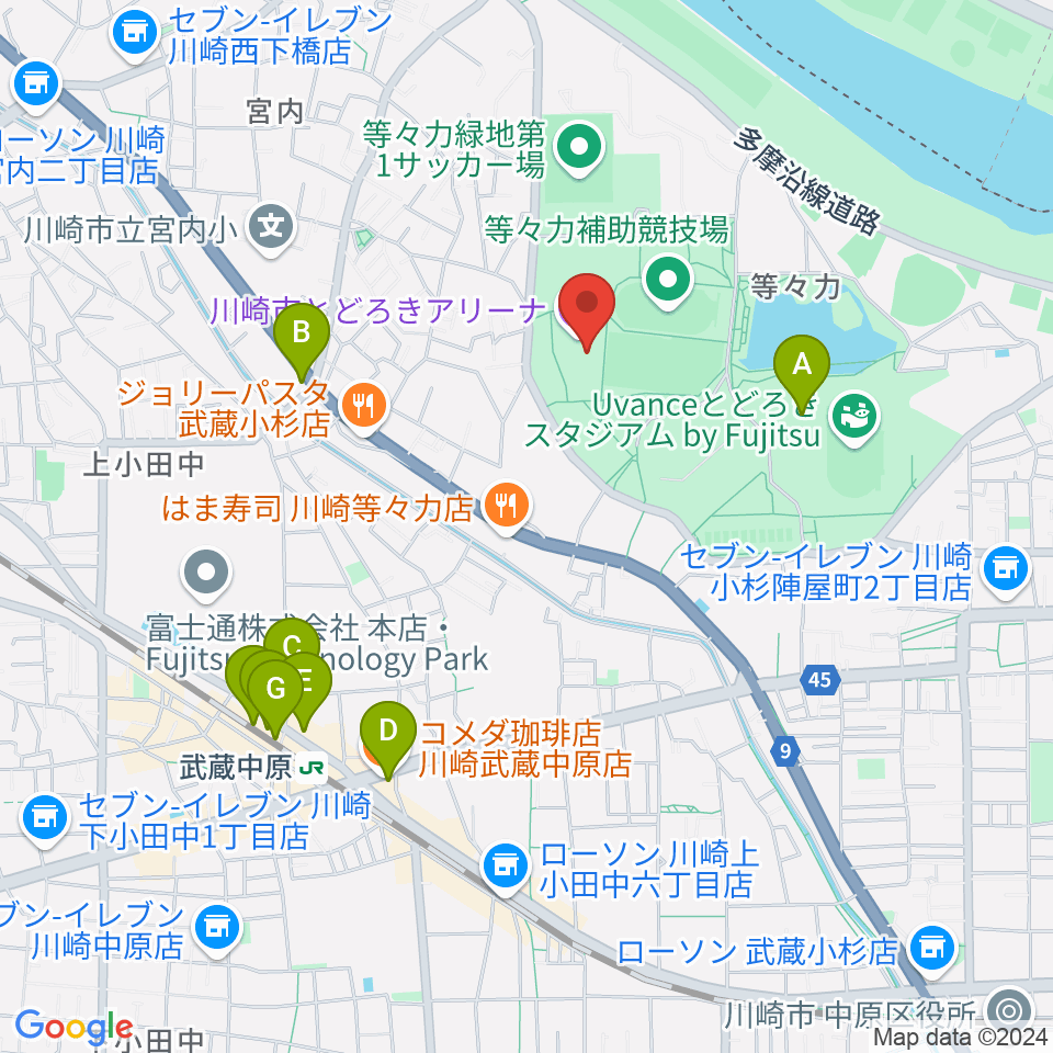 川崎市とどろきアリーナ周辺のカフェ一覧地図