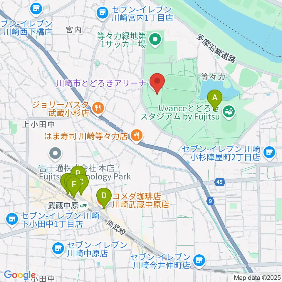 川崎市とどろきアリーナ周辺のカフェ一覧地図