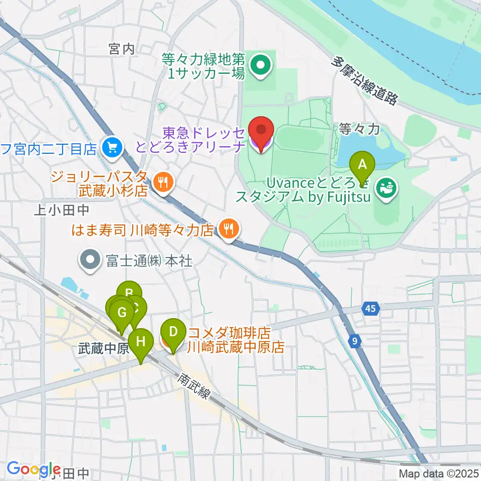 東急ドレッセとどろきアリーナ周辺のカフェ一覧地図